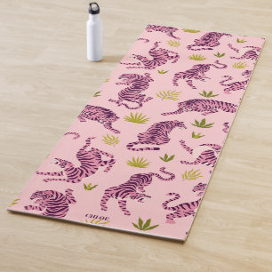 Cute Pink Tigers Tropical Leaves Abstract Animal Yoga Mat