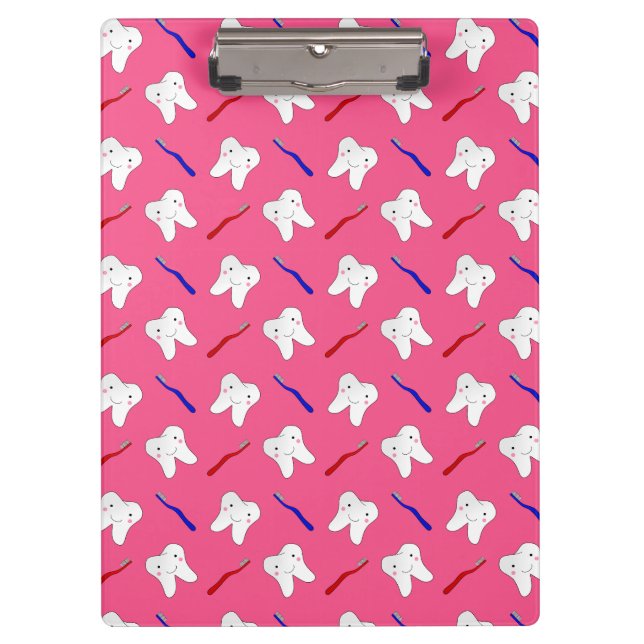 Cute pink toothburshes and teeth pattern clipboard (Front)