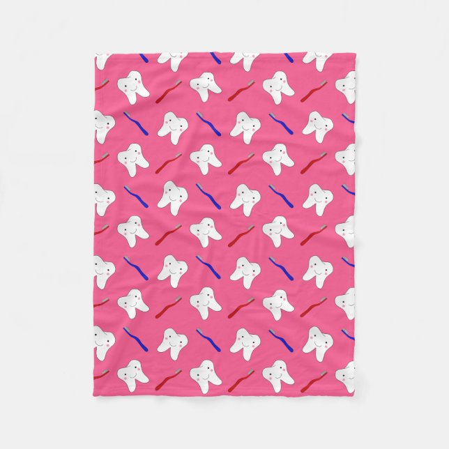 Cute pink toothburshes and teeth pattern fleece blanket (Front)