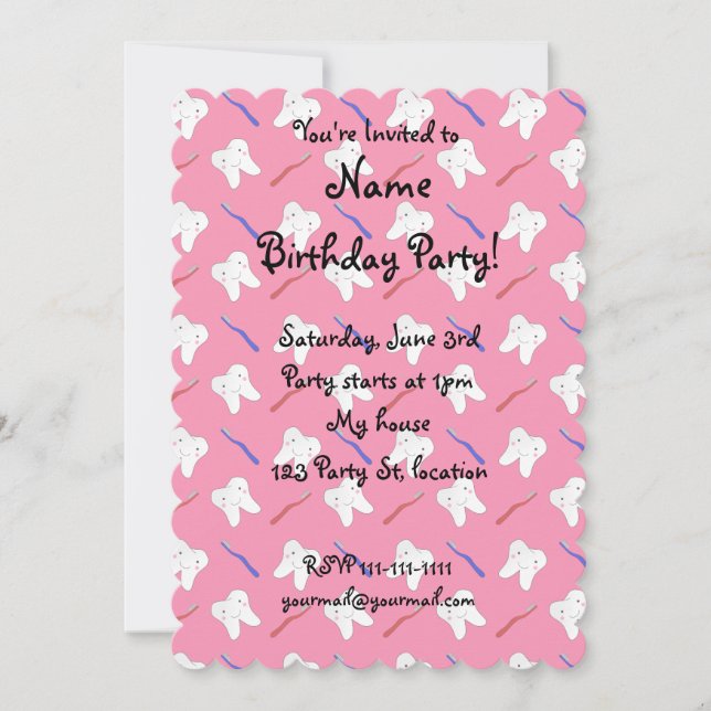 Cute pink toothburshes and teeth pattern invitation (Front)
