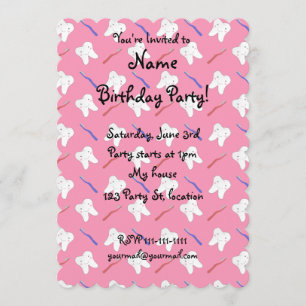 Cute pink toothburshes and teeth pattern invitation