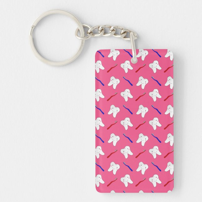 Cute pink toothburshes and teeth pattern key ring (Front)