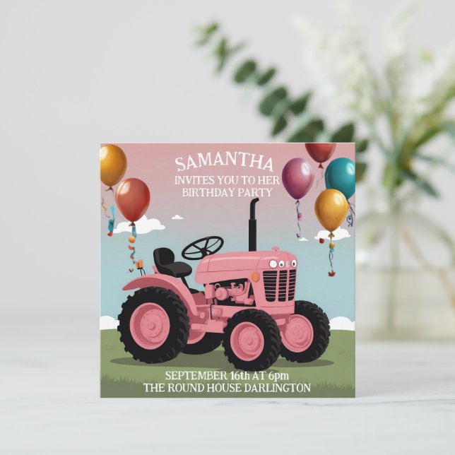 Cute Pink Tractor Birthday Card  (Standing Front)