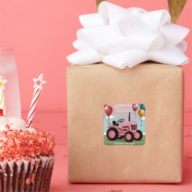 Cute Pink Tractor Birthday Card  Square Sticker (Party)