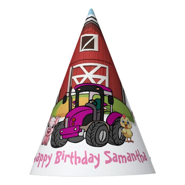 Cute Pink Tractor Farmyard Animal Birthday Party Hat (Front)