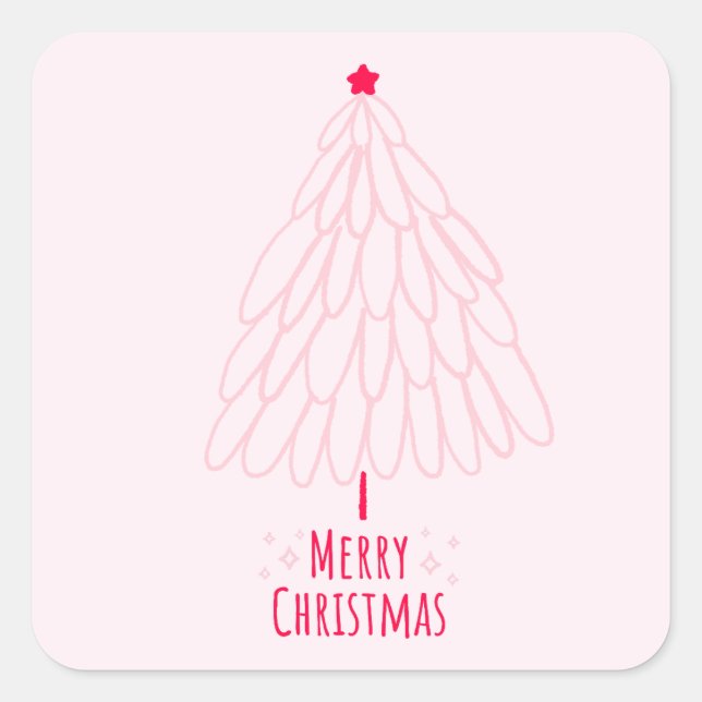 Cute Pink Tree Modern Merry Christmas  Square Sticker (Front)