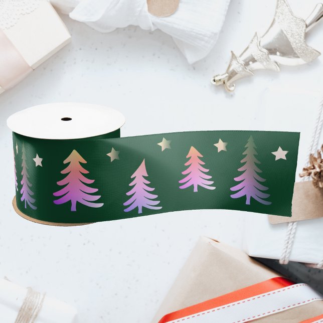Cute pink trees green Winter Christmas Satin Ribbon (Creator Uploaded)