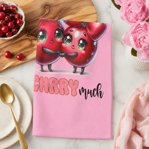 Cute Pink Trendy Red Cherry Couple Tea Towel