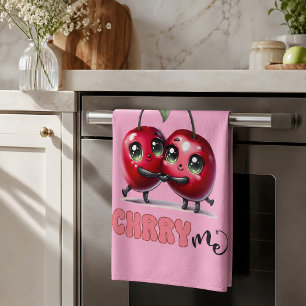 Cute Pink Trendy Red Cherry Couple Tea Towel