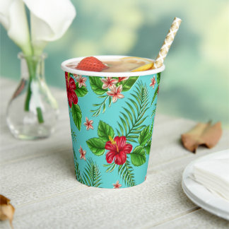 Cute Pink Tropical Hibiscus Flower On Turquoise Paper Cups