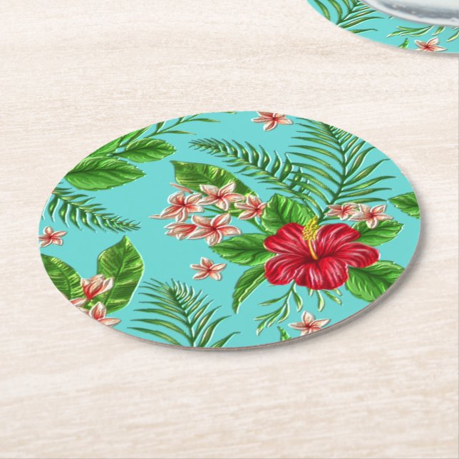 Cute Pink Tropical Hibiscus Flower On Turquoise Round Paper Coaster (Angled)