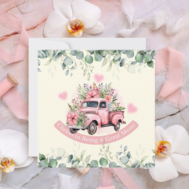 Cute Pink Truck of Flowers Mothers Day Custom Flat Holiday Card (Creator Uploaded)