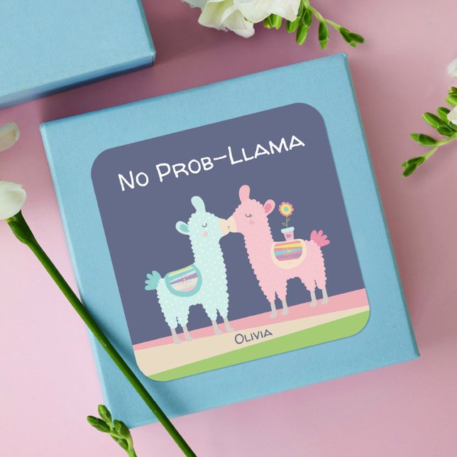 Cute pink turquoise llamas kissing kawaii school square sticker (Creator Uploaded)