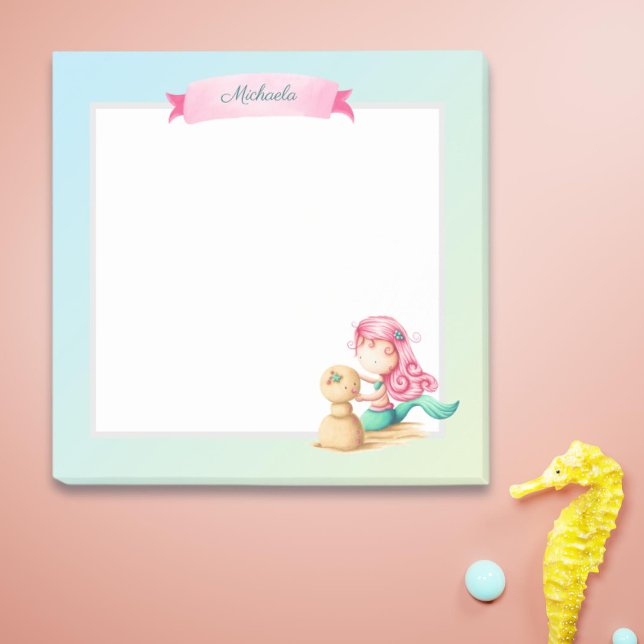 Cute Pink Turquoise Mermaid Personalised Post-it Notes (Creator Uploaded)