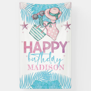 Cute Pink Turquoise Summer Pool Birthday Banner