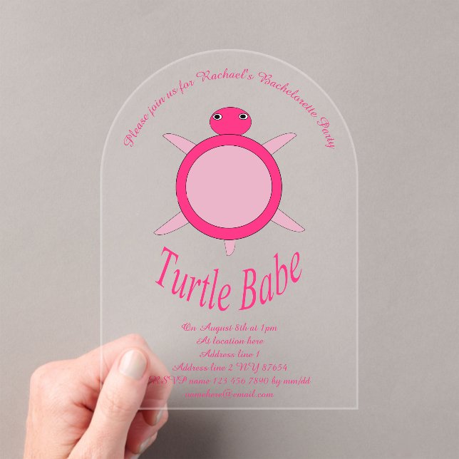 Cute Pink Turtle Babe Custom Bachelorette Party Acrylic Invitations (Insitu (Handheld))