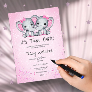Cute, Pink Twin Baby Elephants Baby Shower  Invitation