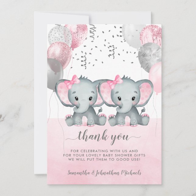 Cute Pink Twin Girl Elephant Balloons Baby Shower Thank You Card (Front)