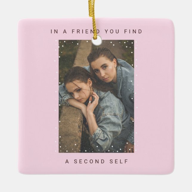Cute Pink Two Photo Snowfall Best Friends Photo Ceramic Ornament (Front)