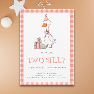 Cute Pink Two Silly Goose Birthday Invitation