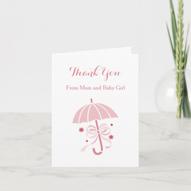 Cute Pink Umbrella and Bow Baby Shower Thank You (Front)