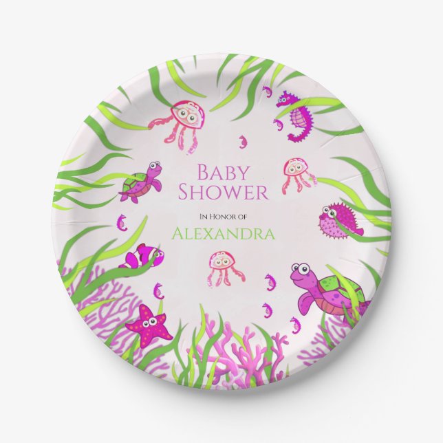 Cute Pink Under the Sea Girl Baby Shower  Paper Plate (Front)