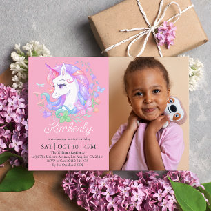 Cute Pink Unicorn All Ages Photo Kids Birthday  Invitation