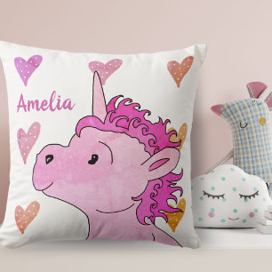 Cute Pink Unicorn and Hearts Girly Name Cushion