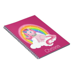 Cute Pink Unicorn and Rainbow Personalised Notebook