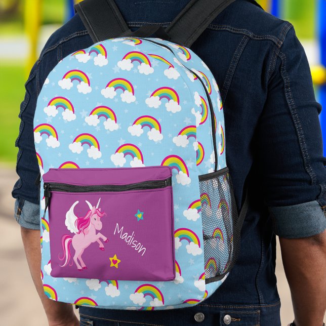 Cute Pink Unicorn and Rainbows Personalised School Printed Backpack (Creator Uploaded)
