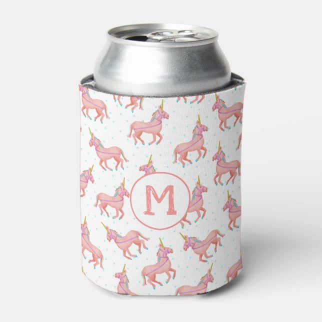 Cute Pink Unicorn and Stars Pattern | Monogrammed Can Cooler (Can Front)