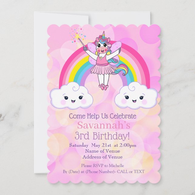 Cute Pink Unicorn Birthday Party Invitation  (Front)