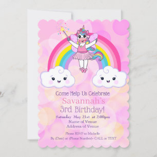 Cute Pink Unicorn Birthday Party Invitation 