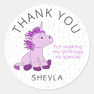 Cute Pink Unicorn Birthday Thank you Classic Round Sticker