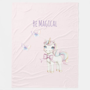 Cute Pink Unicorn Butterflies Be Magical Fleece Blanket