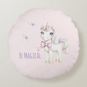 Cute Pink Unicorn Butterflies Be Magical Round Cushion