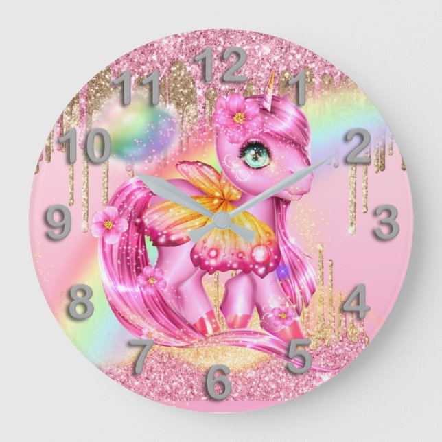 Cute pink unicorn butterfly wings rainbow glitter large clock (Front)