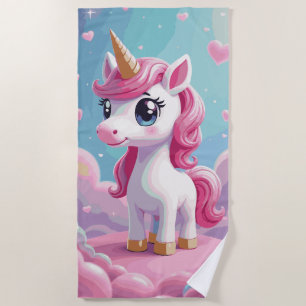 Cute Pink Unicorn Cartoon – Kawaii Fantasy Art Beach Towel