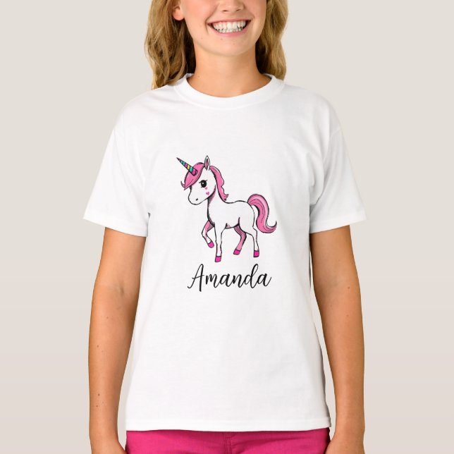 Cute Pink Unicorn Cartoon Name T-Shirt (Front)