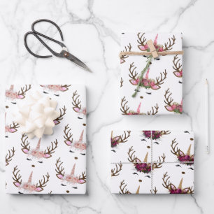 Cute Pink Unicorn Christmas Patters Pink   Wrapping Paper Sheet