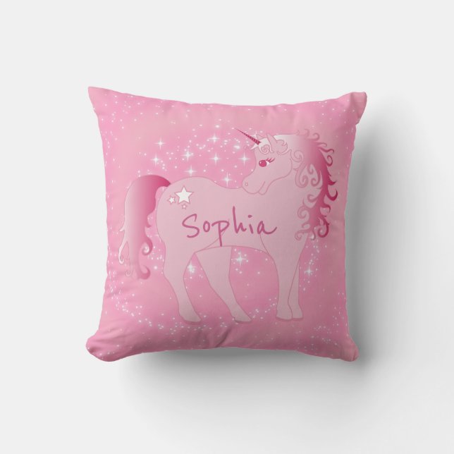Cute Pink Unicorn Custom Name Girly Bedroom Cushion (Front)