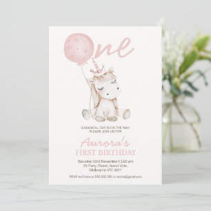Cute Pink Unicorn First Birthday Invitation