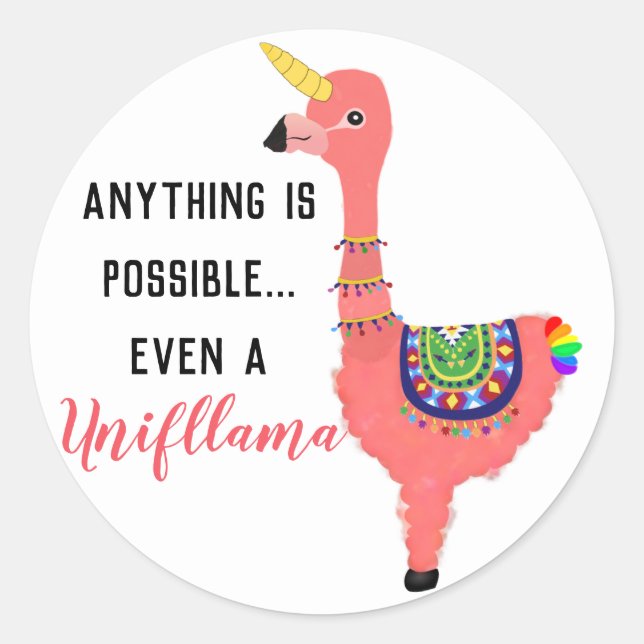 Cute Pink Unicorn Flamingo Llama Inspirational Classic Round Sticker (Front)