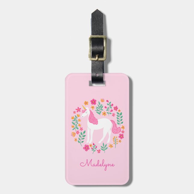 Cute Pink Unicorn Flowers Personalised Name Luggage Tag (Front Vertical)