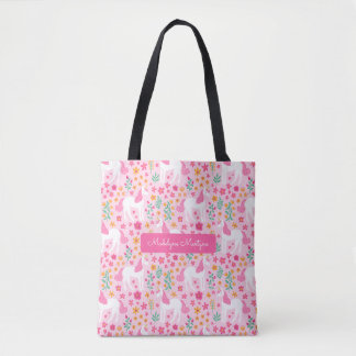 Cute Pink Unicorn Flowers Personalised Name Tote Bag