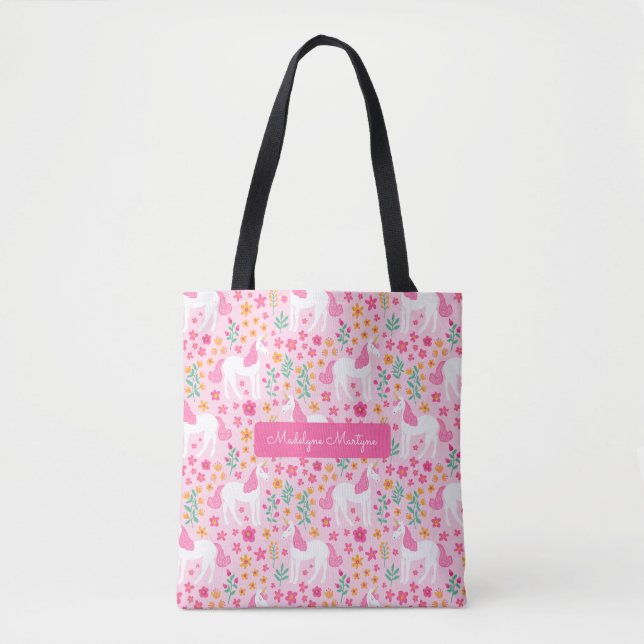 Cute Pink Unicorn Flowers Personalised Name Tote Bag (Front)