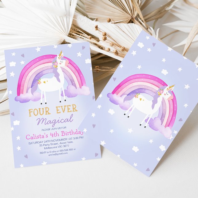 Cute Pink Unicorn Four Ever Magical 4th Birthday Invitation (Four Ever Magical 4th Birthday Invitation Template Purple, Rainbow Unicorn 4th Birthday Invitation )