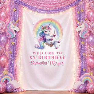 Cute Pink Unicorn Girl Birthday Backdrop Tapestry