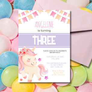Cute Pink Unicorn Girl Birthday  Invitation