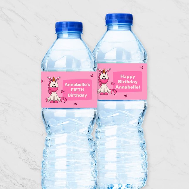 Cute Pink Unicorn Girl Birthday Party Water Bottle Label (Creator Uploaded)